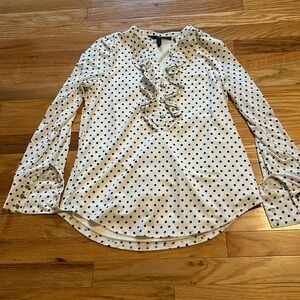 NWT WHBM White House Black Market polka dot ruffle front top. Size S.